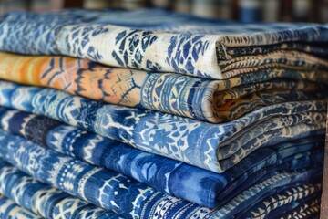 Stack of Blue and White Fabric with Geometric Patterns.