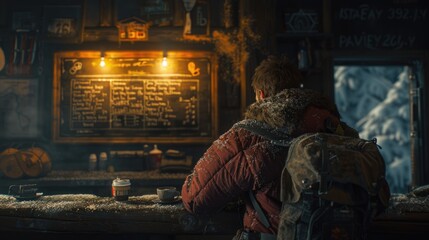 Cozy Cabin Vibes: Daily Inspirations on Blackboard in Rustic Interior with Person Enjoying Coffee, Serene and Peaceful Atmosphere
