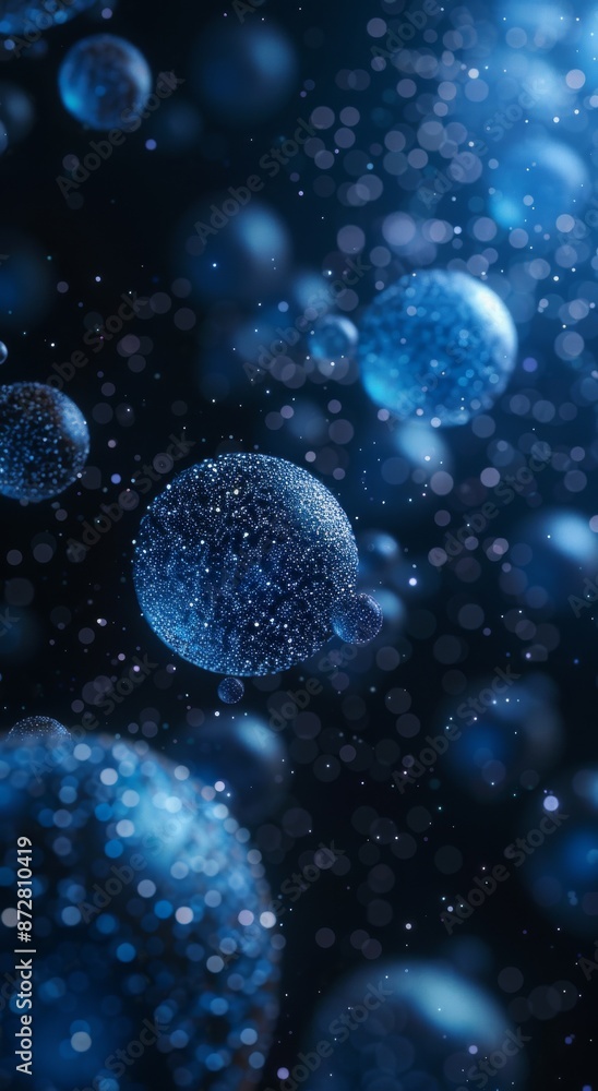 Poster abstract image of blue spheres against a dark background with a bokeh effect