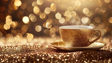 Obraz premium Shiny coffee with glitter Sparkling cup on neutral surface for text
