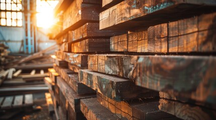 Stack of aged wooden planks in an indoor sawmill Vintage timber stack for construction Industrial retro look