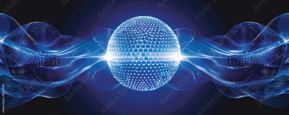 Poster futuristic glowing blue sphere with dynamic light waves and hexagonal pattern