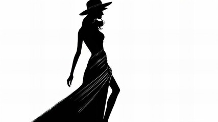 Black silhouette of a girl in a dress and a hat on a white background with a place for a test