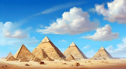 pyramids of giza, pyramids against a background of blue sky with clouds