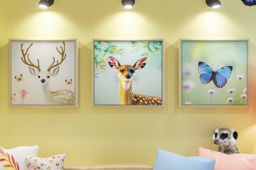 A cozy living room with a pastel yellow wall adorned with three frames: a serene deer, a colorful butterfly, and a curious meerkat, each lit softly by spotlights.