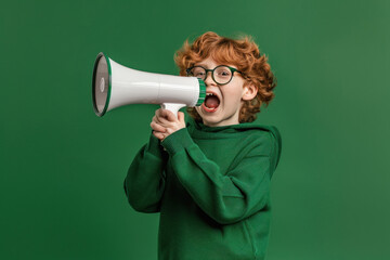 Naklejka premium little boy with Megaphone on green background