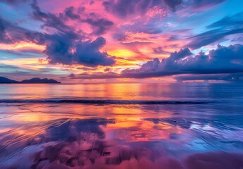 Fototapeta premium Phuket Sunset: Pink & Purple Clouds Reflecting on Calm Waters