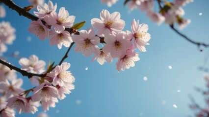 Obraz premium A unique perspective of spring cherry blossoms taken from beneath the branches, with petals falling like snow against a clear blue sky.