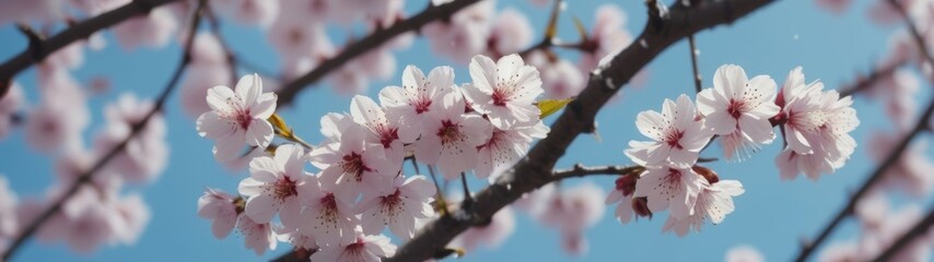 A unique perspective of spring cherry blossoms taken from beneath the branches, with petals falling like snow against a clear blue sky.