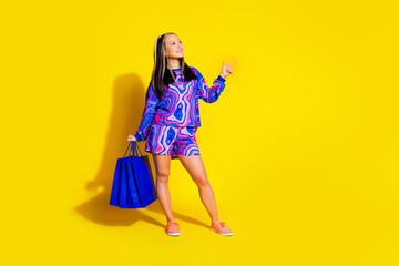Full length photo of nice woman wear pullover hold shopping bags look directing at logo empty space...