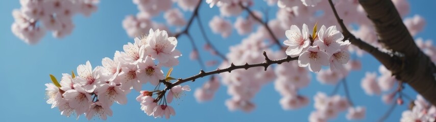 Obraz premium A unique perspective of spring cherry blossoms taken from beneath the branches, with petals falling like snow against a clear blue sky.