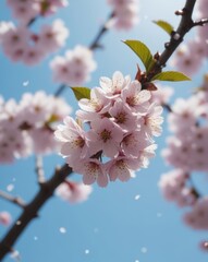 Obraz premium A unique perspective of spring cherry blossoms taken from beneath the branches, with petals falling like snow against a clear blue sky.