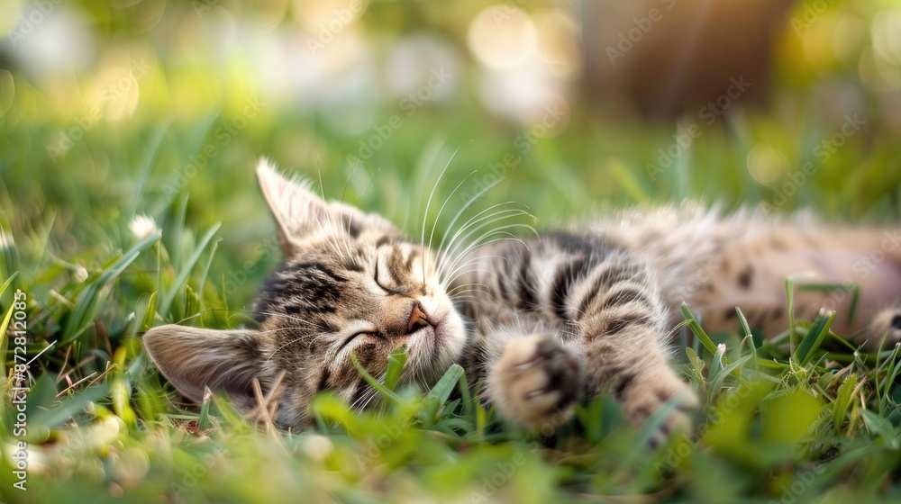 Canvas Prints A striped cat naps on the lawn Leisure and pleasure Worries forgotten Cute kitten s peaceful slumber