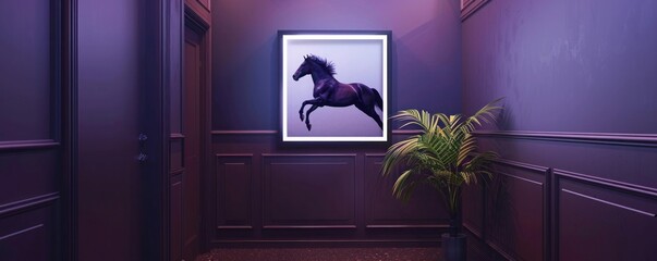 A cozy hallway with a dark purple wall adorned with a single frame of a galloping horse, highlighted softly.