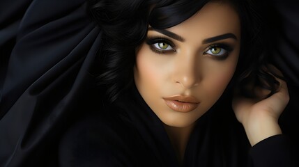Fototapeta premium High Fashion Beauty: Model in Black Dress with Long Lushes - AI Generated