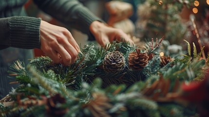 Woman creates Christmas wreath using pine branches for DIY holiday decor Master class for handcrafting ornaments at flower shop