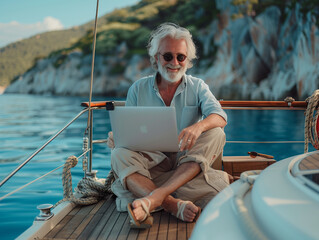 Senior businessman working on laptop on his sail boat in the middle of ocean.