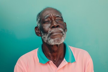 Obraz premium Portrait of a tender afro-american man in his 70s wearing a breathable golf polo on pastel teal background