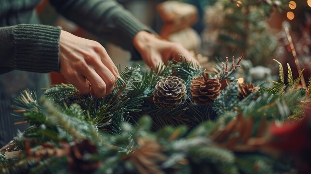 Woman creates Christmas wreath using pine branches for DIY holiday decor Master class for handcrafting ornaments at flower shop