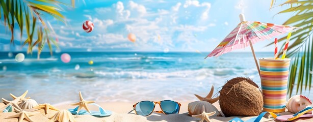 Summer Beach Scene with Coconut and Sunglasses