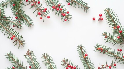 Flat lay Christmas pine branches border with red berries on a white background capturing a top down view