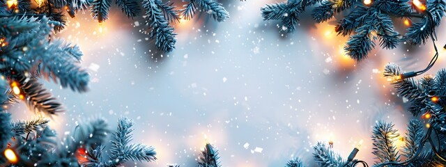 Fototapeta premium Snowy Fir Branches Christmas Lights Banner