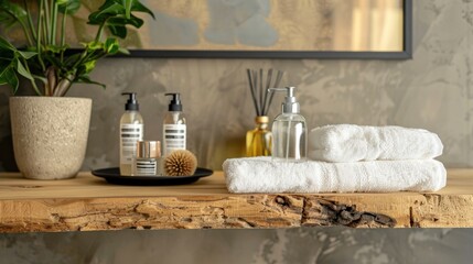 Fototapeta premium Recycled glass dispenser with towels on wooden shelf Cosmetic tray with skincare products Morning routine and skincare concepts