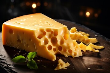 Artistic low key background featuring an assortment of cheeses on a rustic wooden board