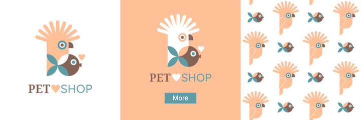 Pet shop design with animal icons, pattern with parrot and fish. Background, banner, social media post with geometric symbols of pets. Cute parrots and fish for veterinary clinic, vector illustration