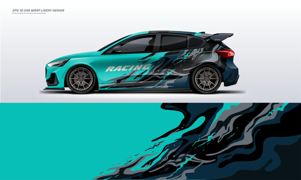 car wrap livery design Hatchback racing wrap decal or livery design.	