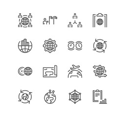 Set of global business and related icons, international partnership, outsourcing, branch office and linear variety vectors.	
