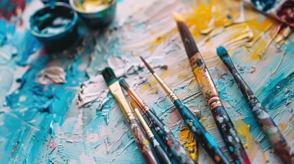 Colorful drawing tools and paintbrushes on a white surface Simulation