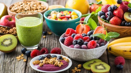 A colorful spread of fresh fruit, smoothies, and granola, perfect for a healthy and delicious breakfast.