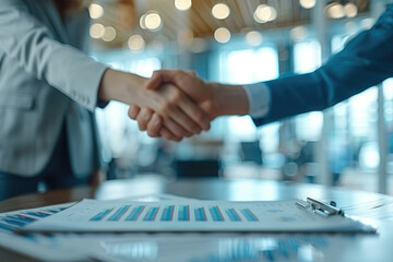 In modern office buildings, businessmen shake hands with each other