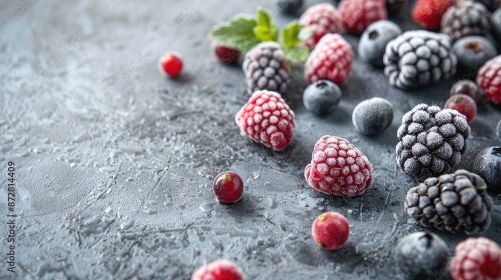 Poster assorted frozen berries on gray table close up room for text