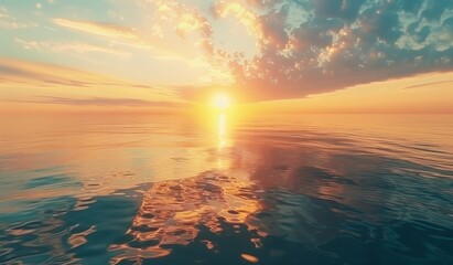 Obraz premium Beautiful sunset over the ocean with a blue sky, scenic view, calm seawater, drone aerial shot