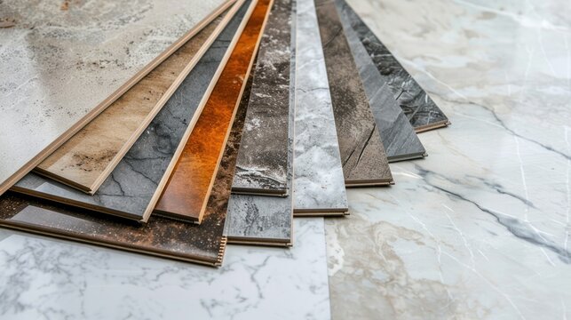 Sample stack of luxury vinyl floor tiles on white marble floor for interior design