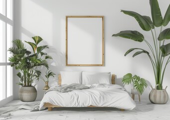 Mockup of an interior poster on white wall with bed, green plaid, and plants.