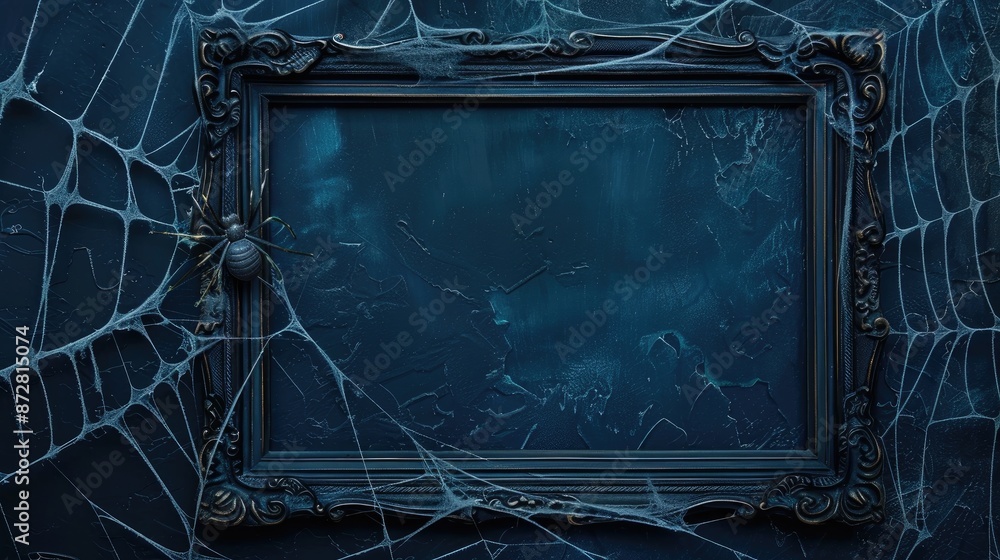 Poster antique frame with spiderweb design on dark blue halloween backdrop empty space for text
