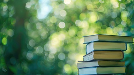 Stack of books against blurry nature backdrop with room for text