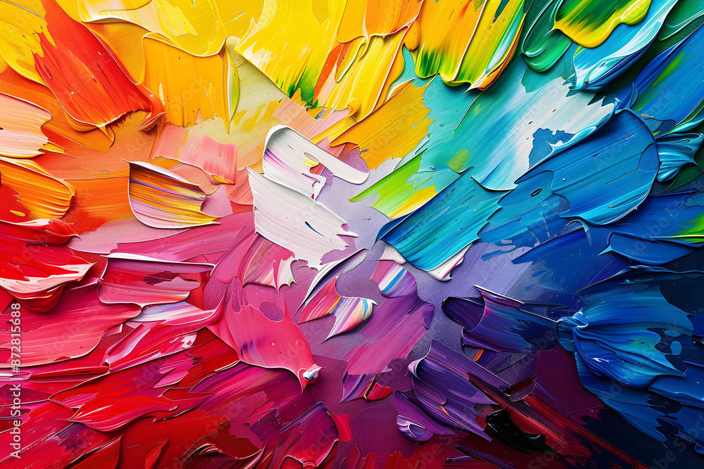 Wall mural closeup of abstract rough colorful bold rainbow colors explosion painting texture, with oil brushstr