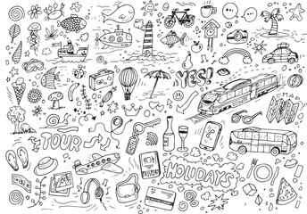 Travelling doodles, hand drawn vector illustration on white background