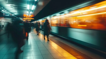 A blurry image of a train passing through a subway station, capturing the movement and the lights.