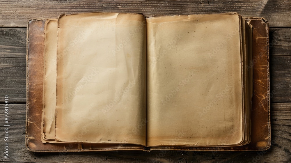 Poster vintage style image of open notebook with blank pages on wooden table viewed from the top with space