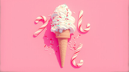 Ice cream cone. Sundae ice cream with whipped topping and candy sprinkles