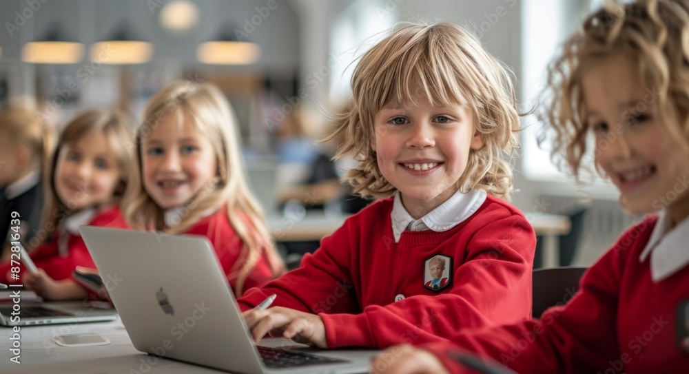 Poster group of smiling school children in red uniforms using laptops in a classroom