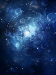 Abstract deep cosmic mystical astrological backdrop, with stardust, swirling galaxies, zodiac signs and celestial elements