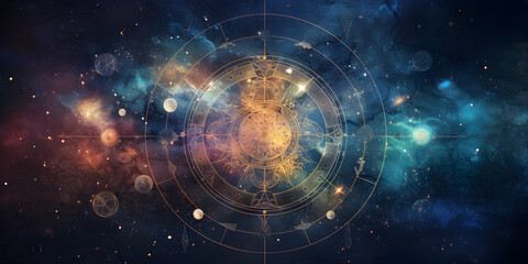 Obraz premium Abstract deep cosmic mystical astrological backdrop, with stardust, swirling galaxies, zodiac signs and celestial elements