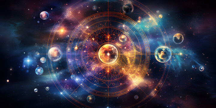 Abstract deep cosmic mystical astrological backdrop, with stardust, swirling galaxies, zodiac signs and celestial elements