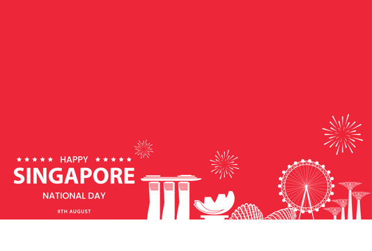 Large Singapore National Day Red Banner with Iconic Skyline and Fireworks